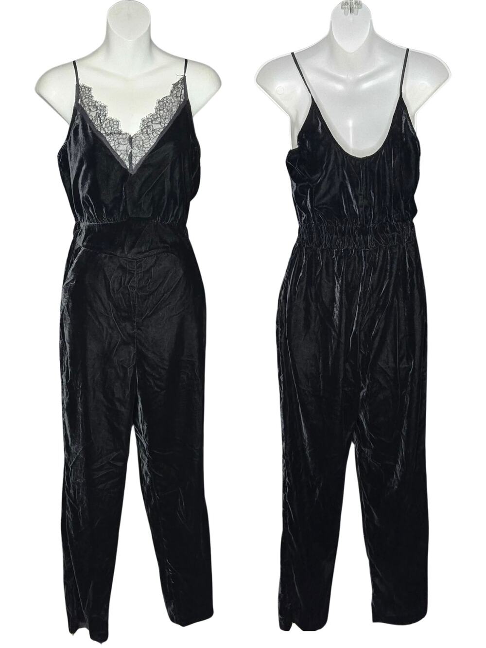 H&M Black Velvet Lace Trim Jumpsuit Spaghetti Strap Elastic Waist Size 2 Y2K